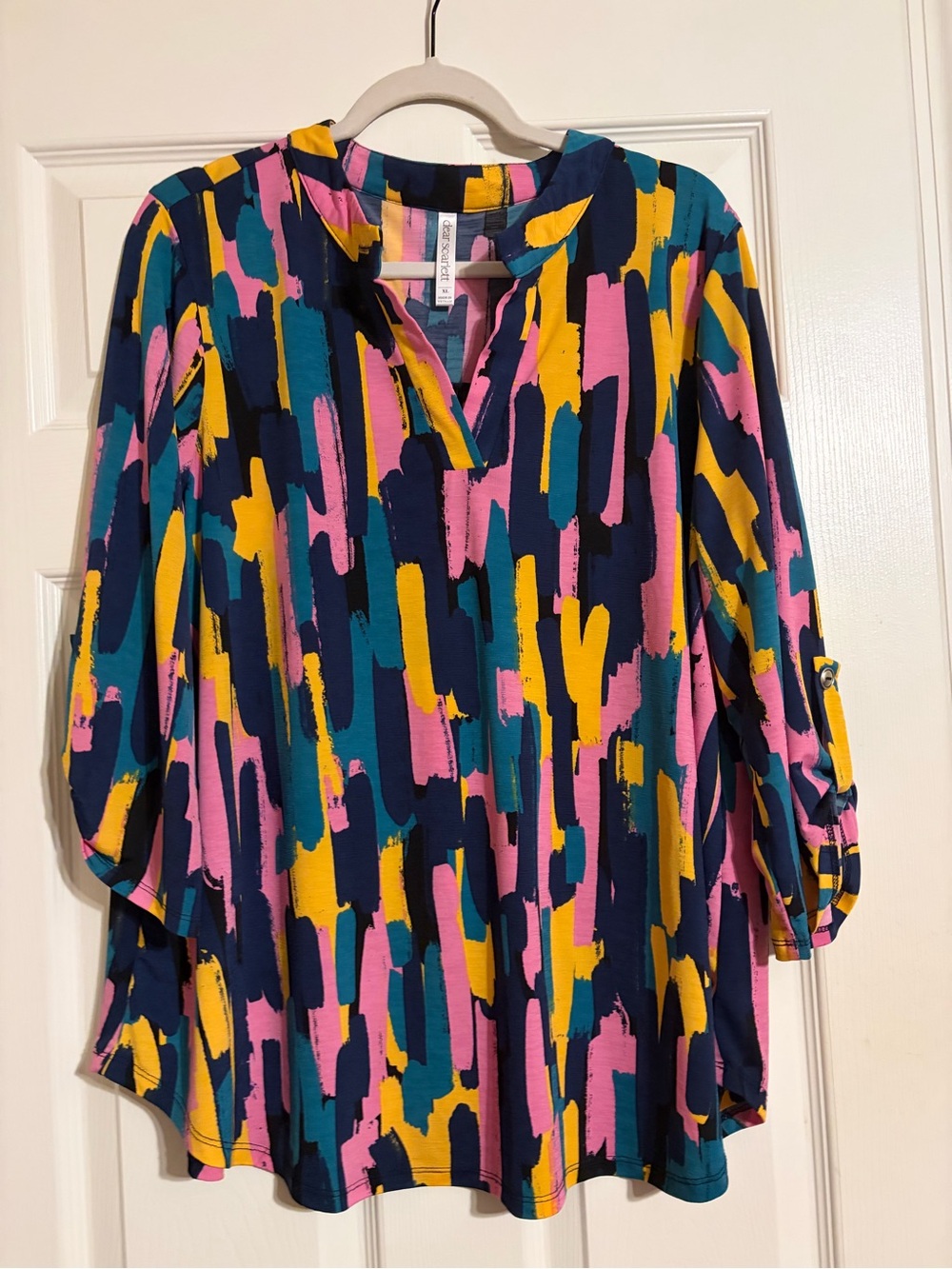 Women’s Multicolor Brushstroke Split-Neck Blouse — Navy, Pink & Yellow